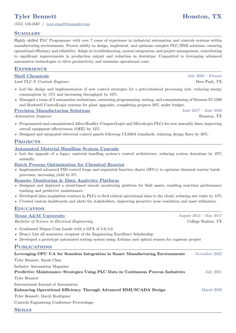 PLC Programmer Resume Example CV template preview