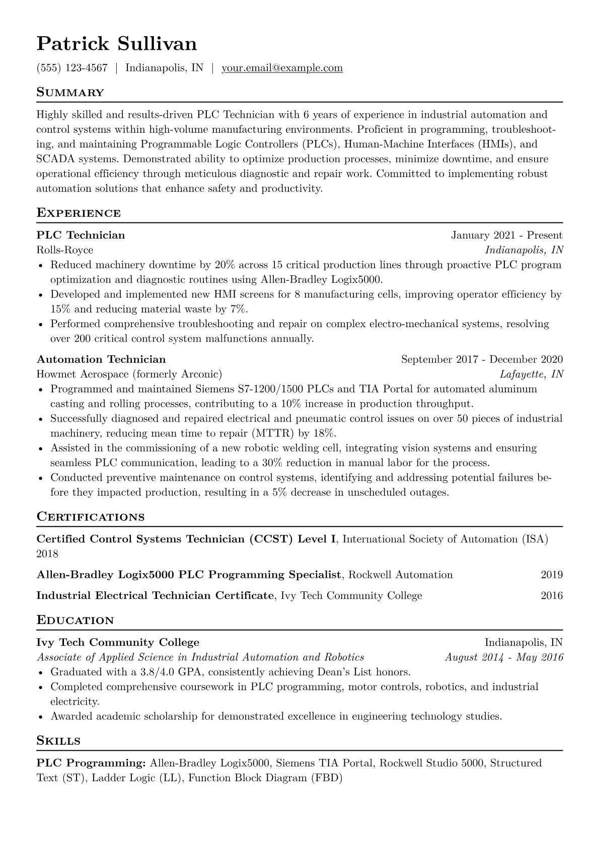 PLC Technician Resume Example CV template - Page 1