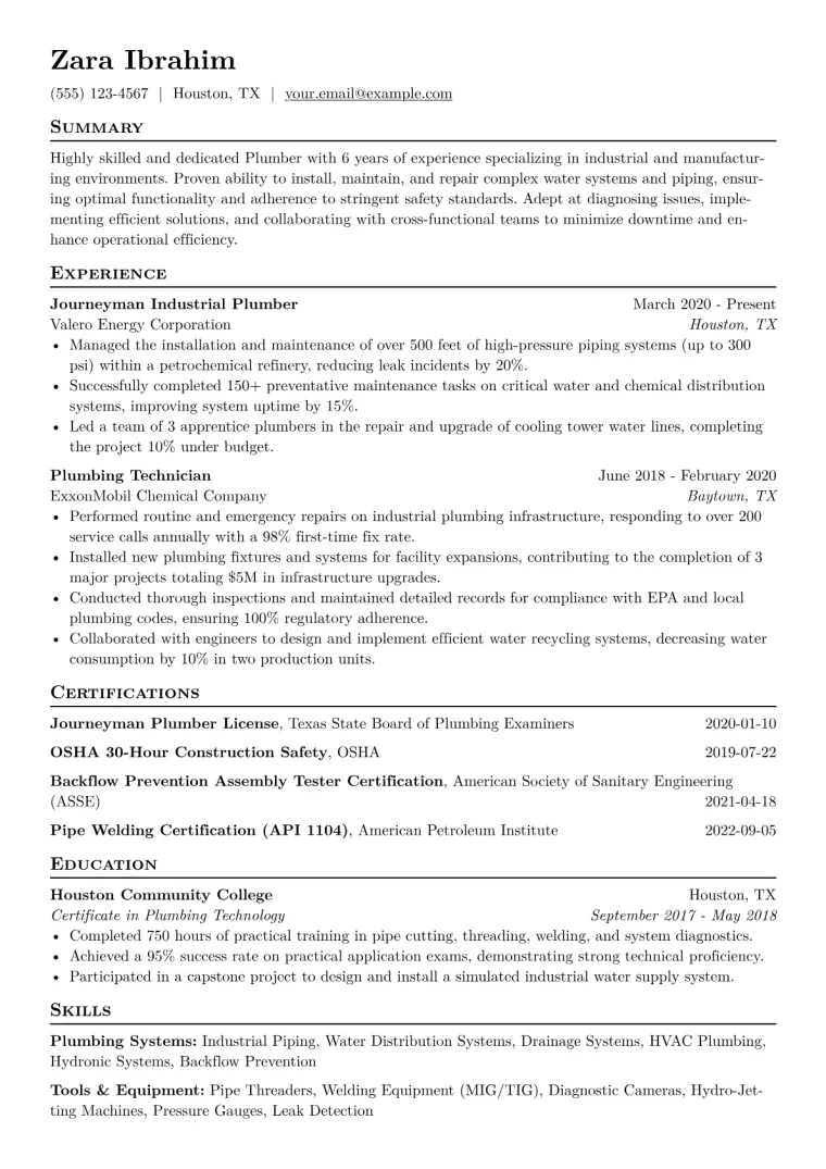Plumber Resume Example
