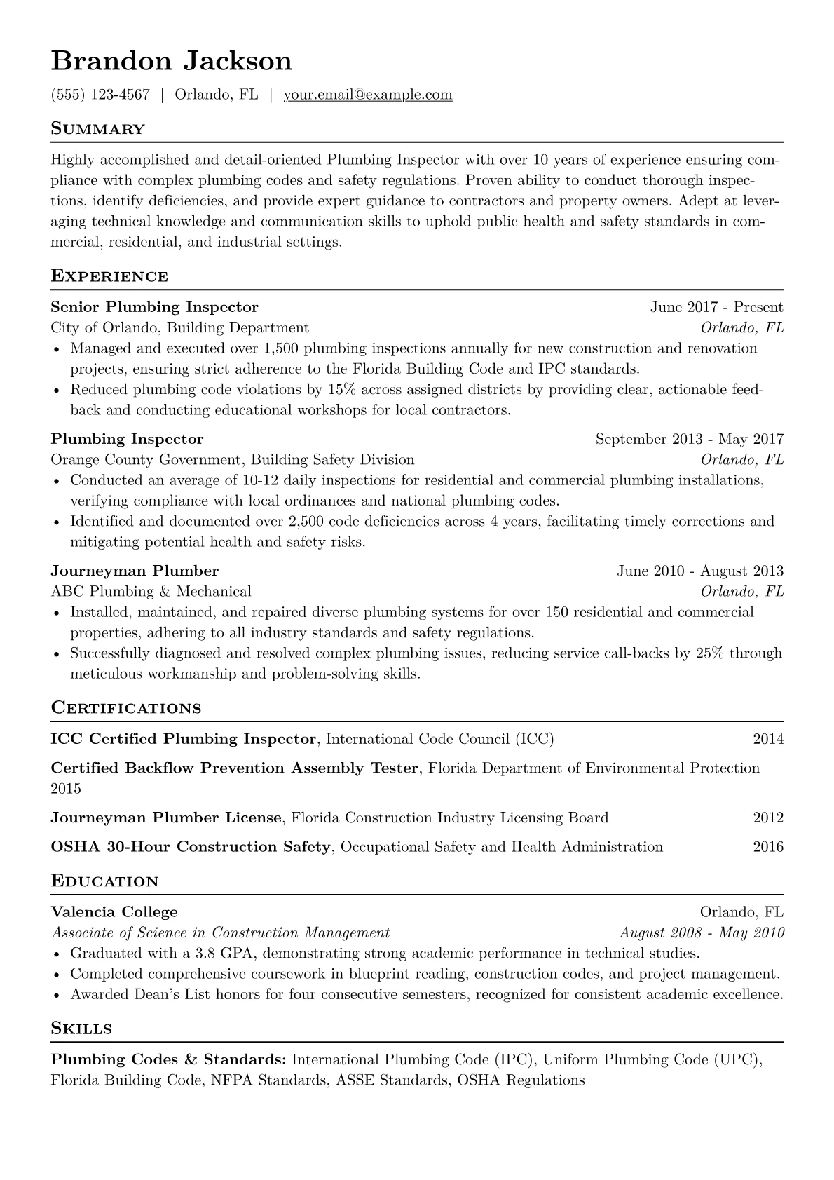 Plumbing Inspector Resume Example CV template - Page 1