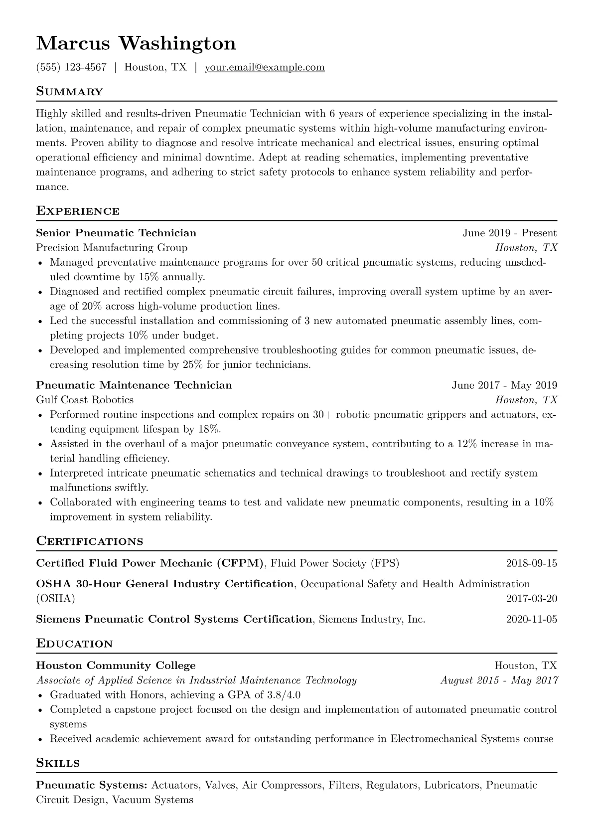 Pneumatic Technician Resume Example CV template - Page 1