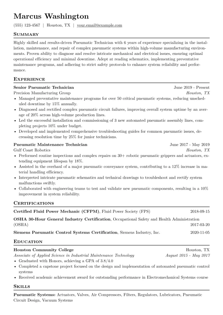 Pneumatic Technician Resume Example CV template preview