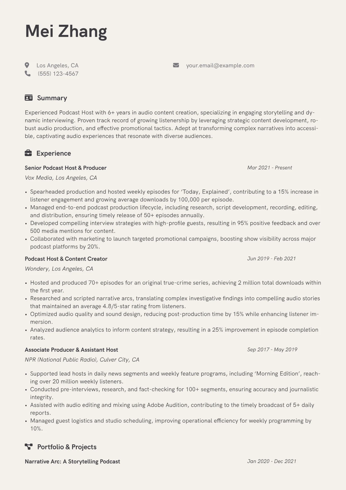 Podcast Host Resume Example CV template - Page 1