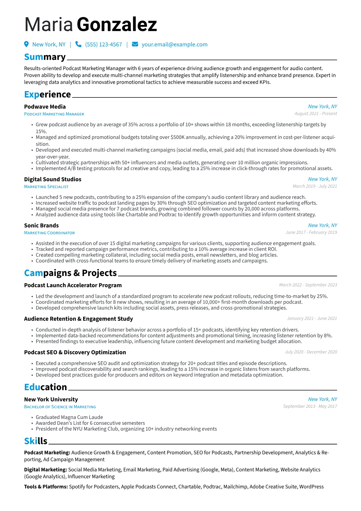 Podcast Marketing Manager Resume Example CV template - Page 1
