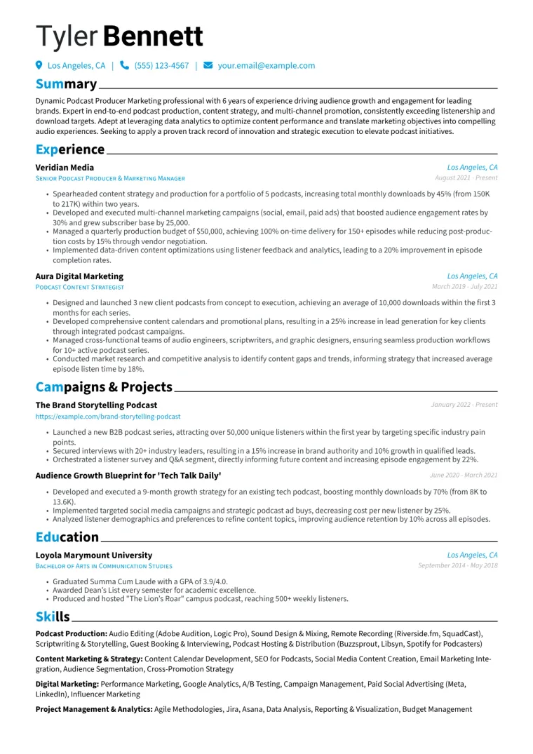 Podcast Producer Marketing Resume Example CV template preview