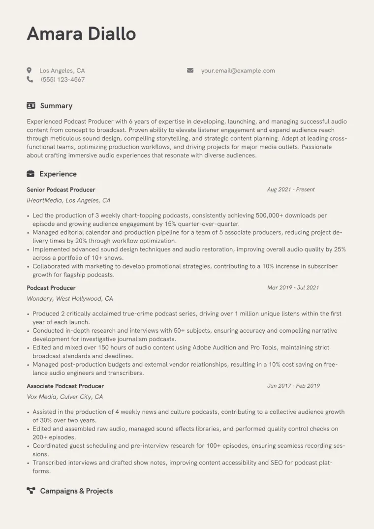 Podcast Producer Resume Example CV template preview