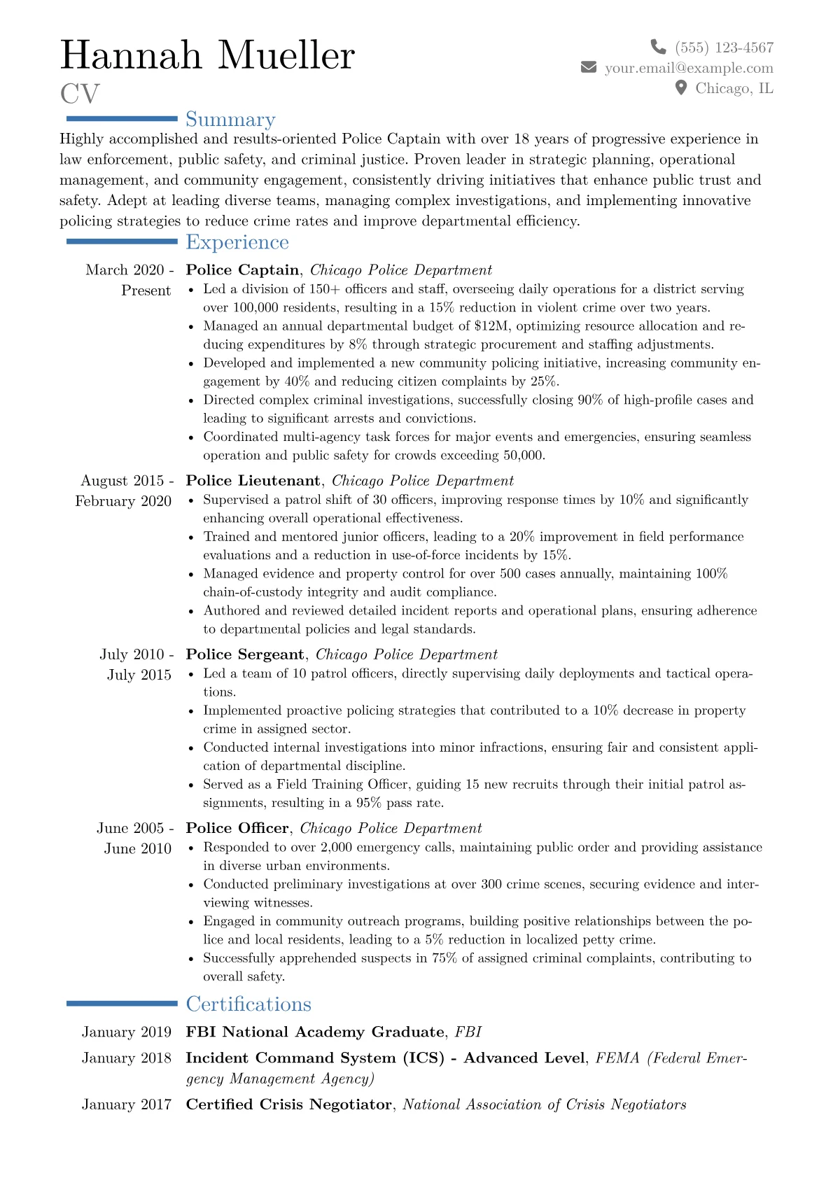 Police Captain Resume Example CV template - Page 1
