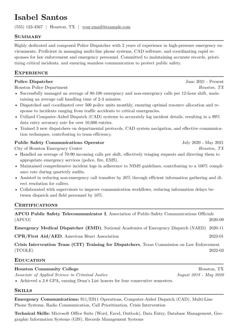 Police Dispatcher Resume Example CV template preview