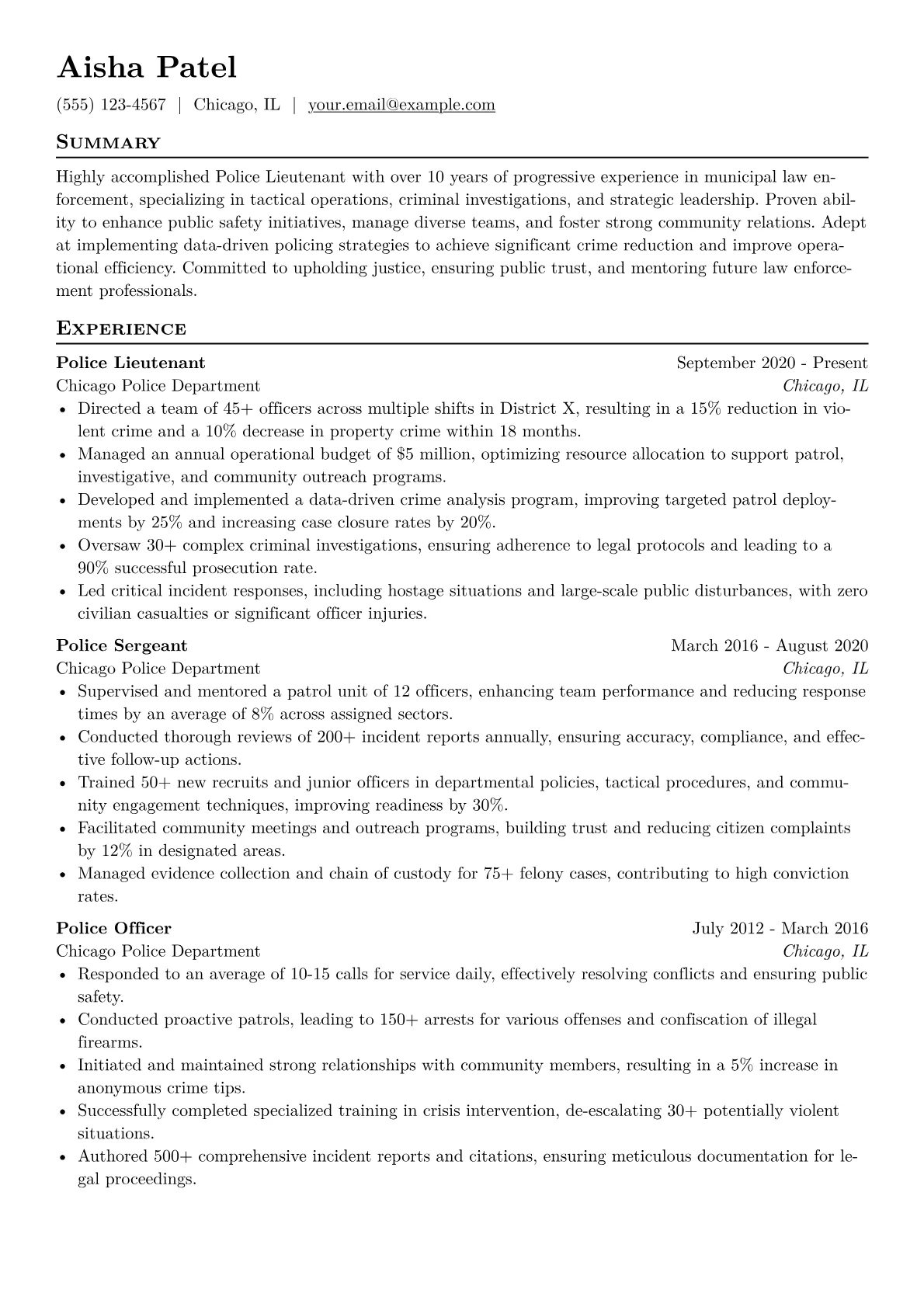 Police Lieutenant Resume Example CV template - Page 1