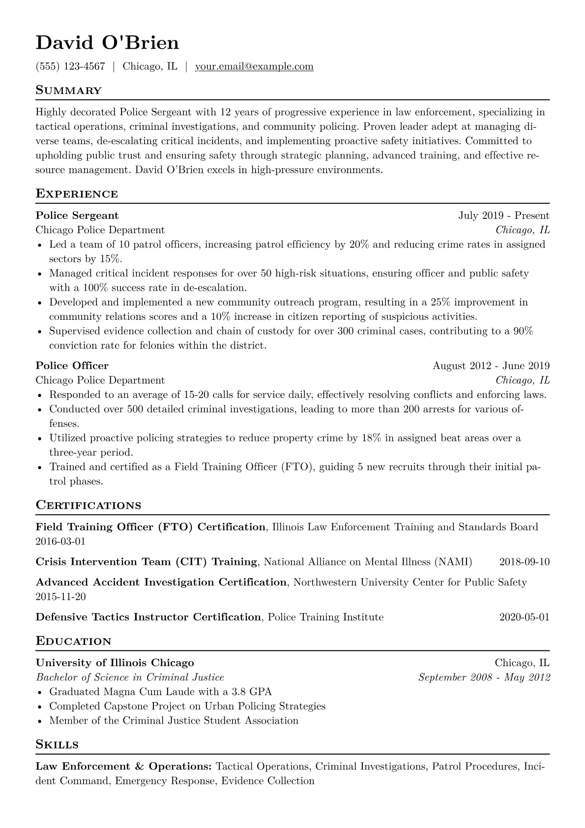Police Sergeant Resume Example CV template - Page 1