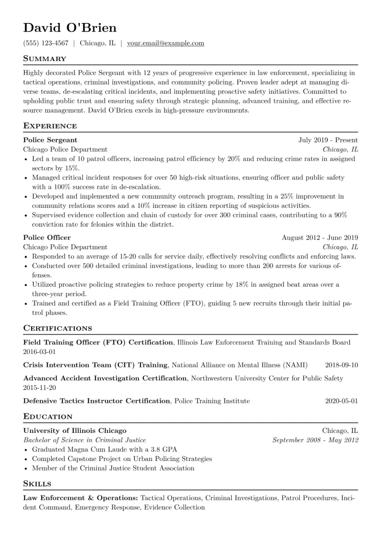 Police Sergeant Resume Example CV template preview
