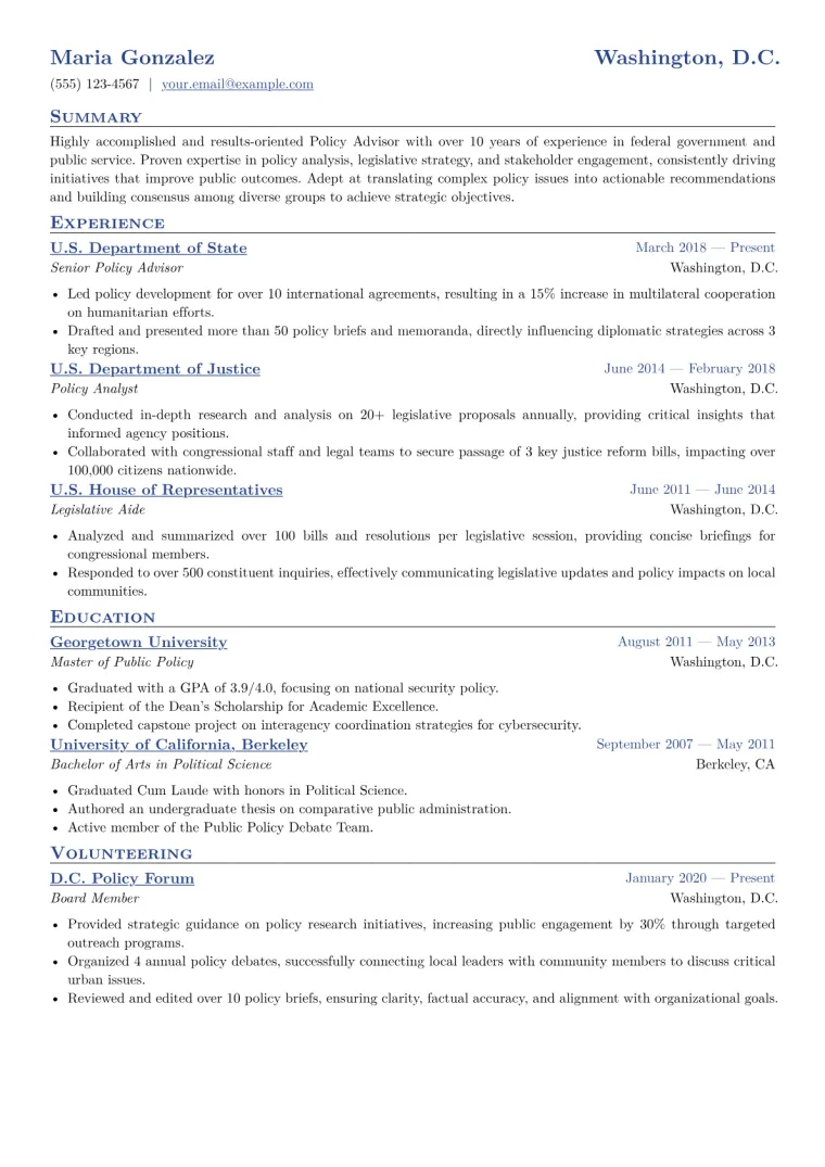 Policy Advisor Resume Example CV template preview