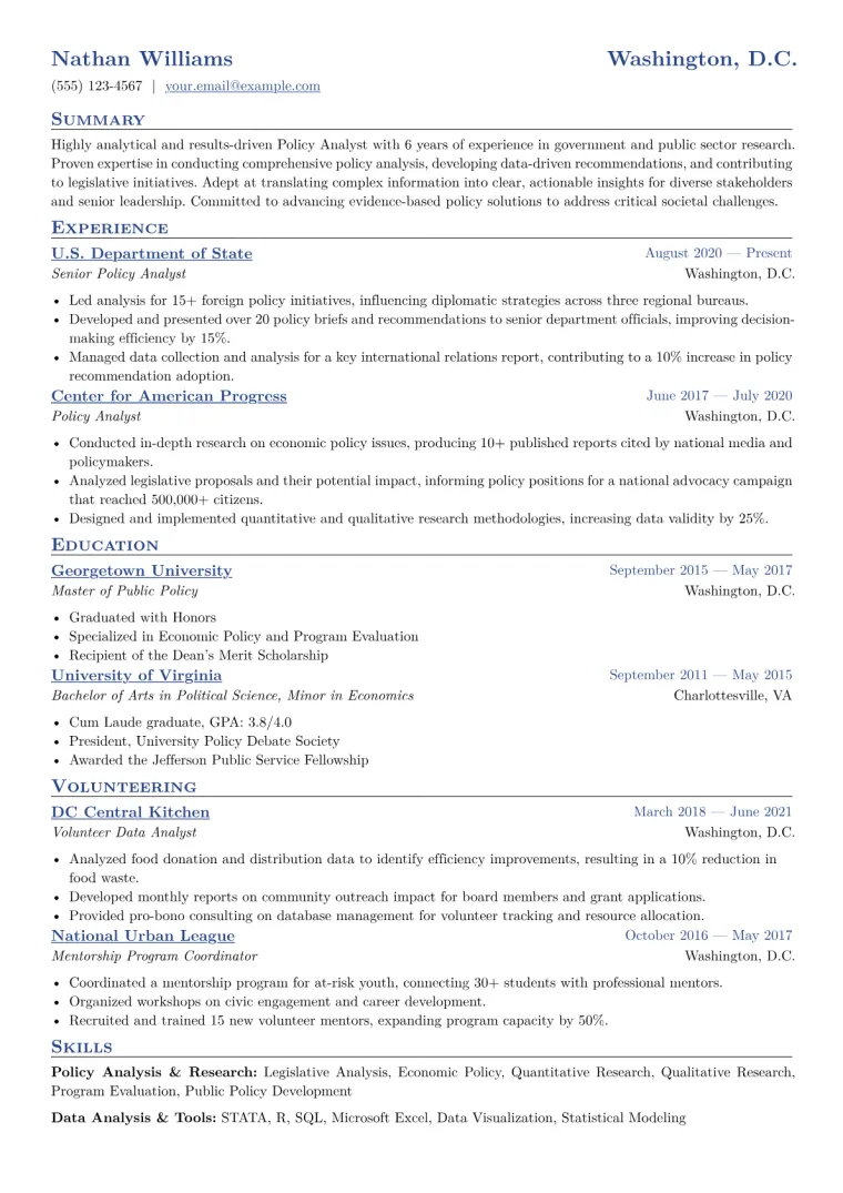 Policy Analyst Resume Example CV template preview