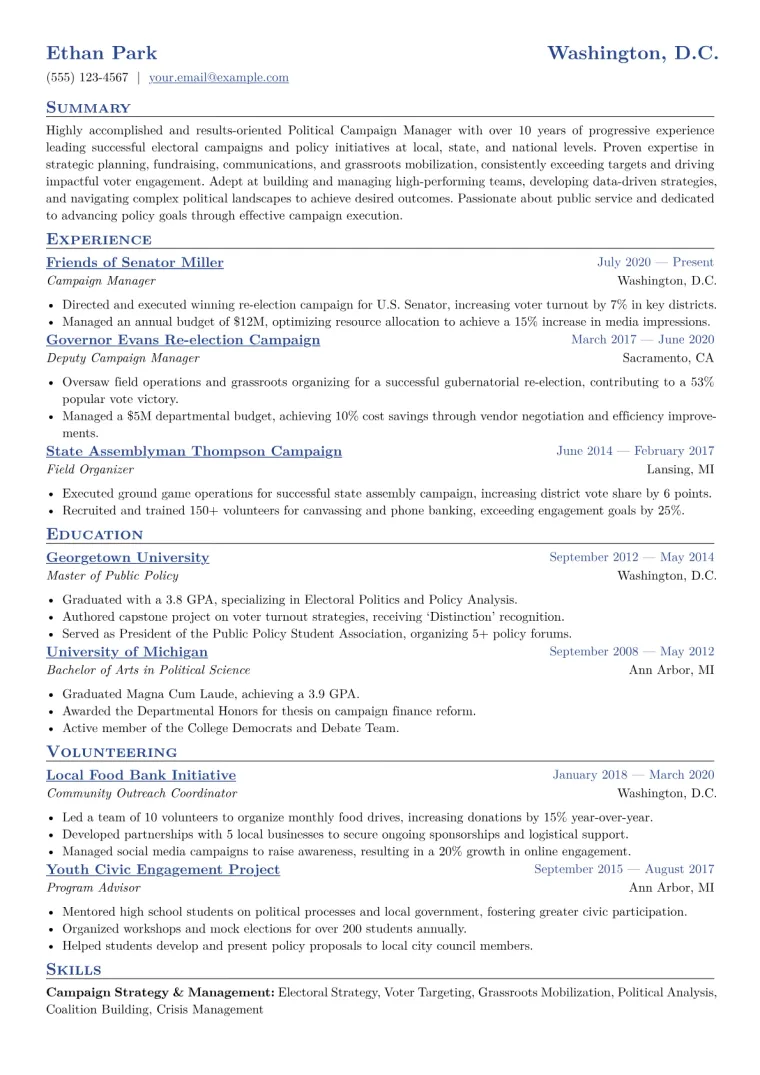 Political Campaign Manager Resume Example CV template preview