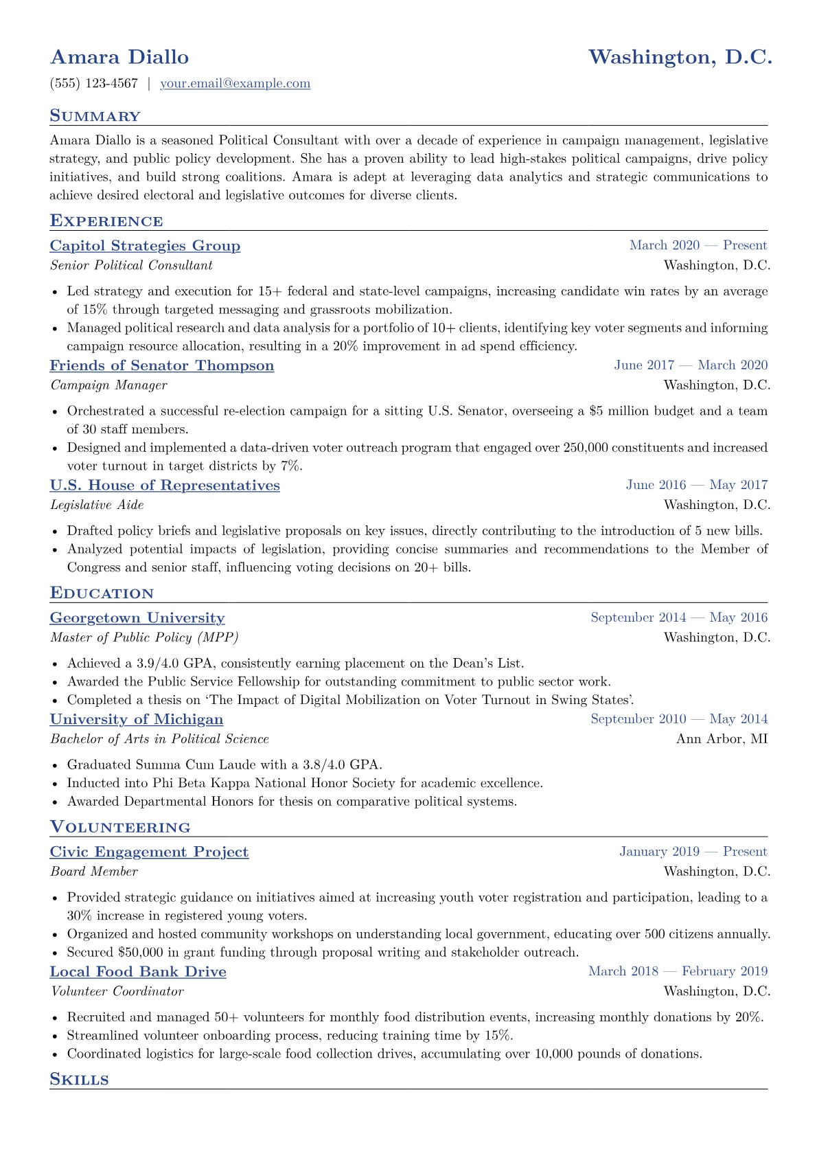 Political Consultant Resume Example CV template - Page 1