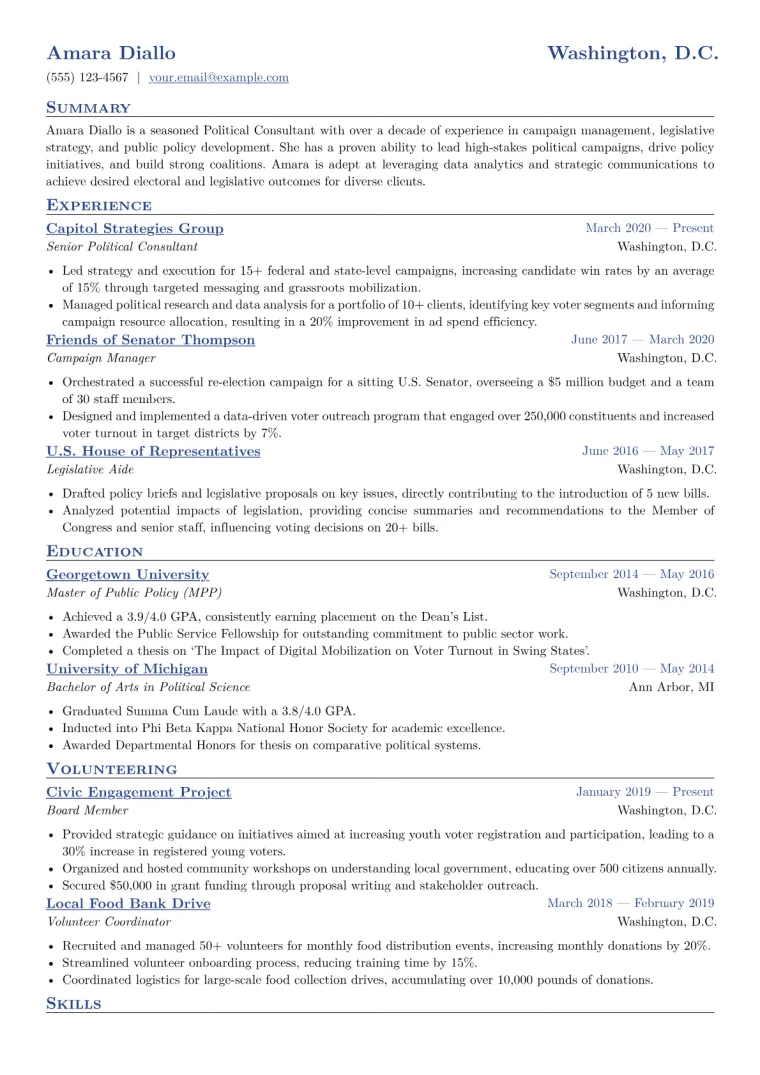 Political Consultant Resume Example CV template preview