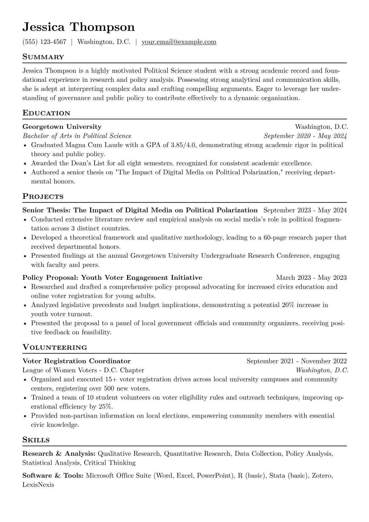 Political Science Student Resume Example CV template - Page 1