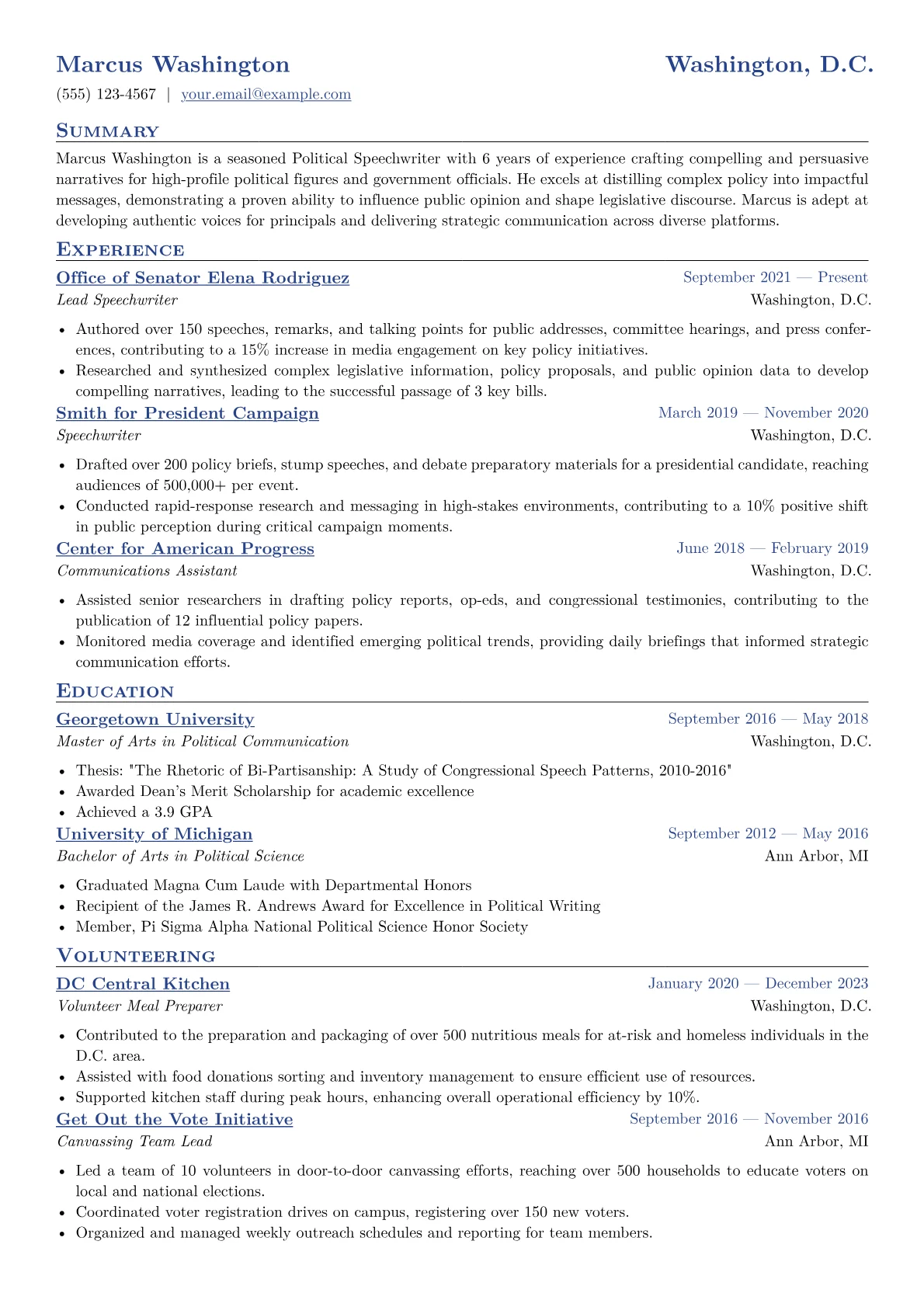 Political Speechwriter Resume Example CV template - Page 1
