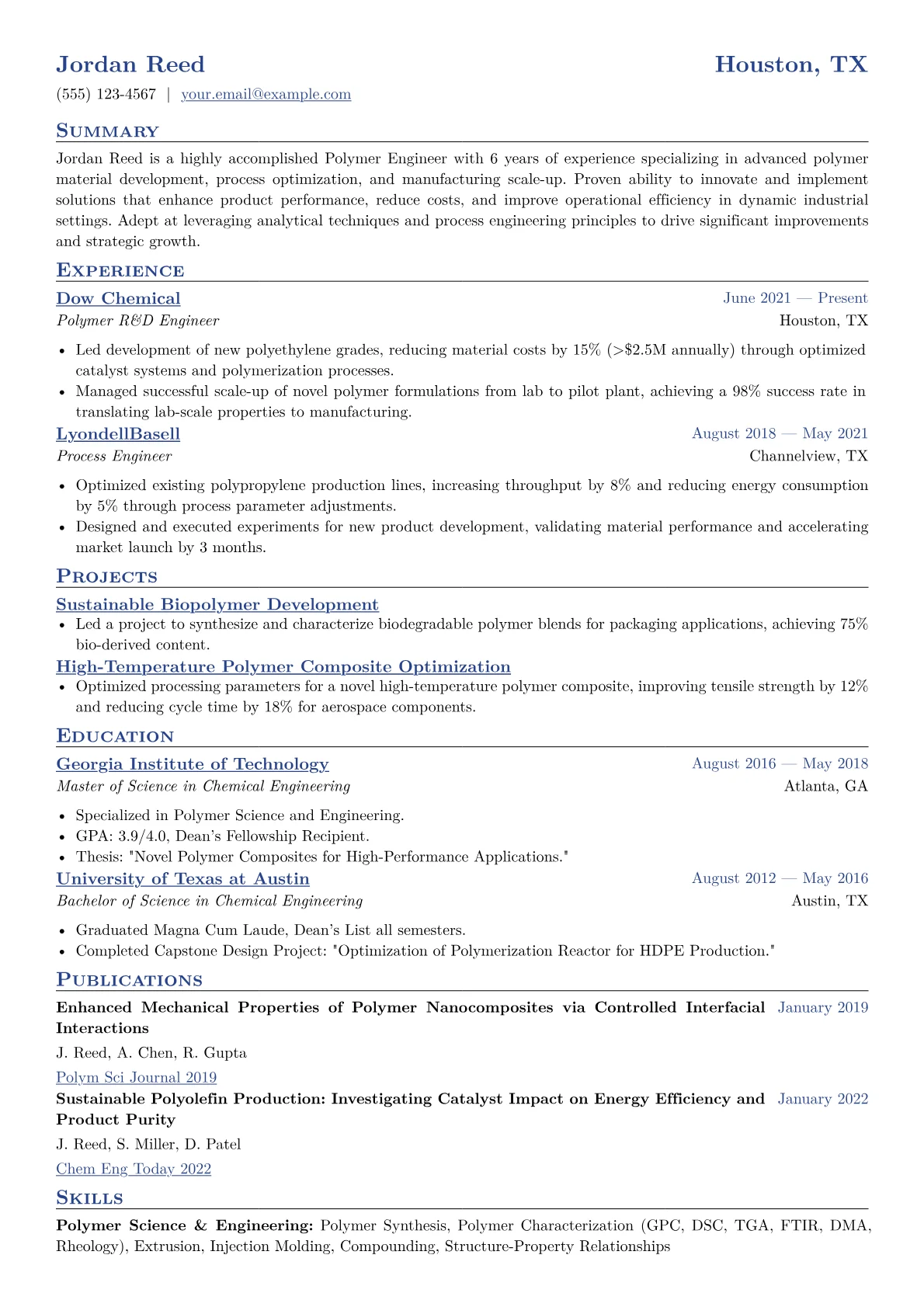 Polymer Engineer Resume Example CV template - Page 1