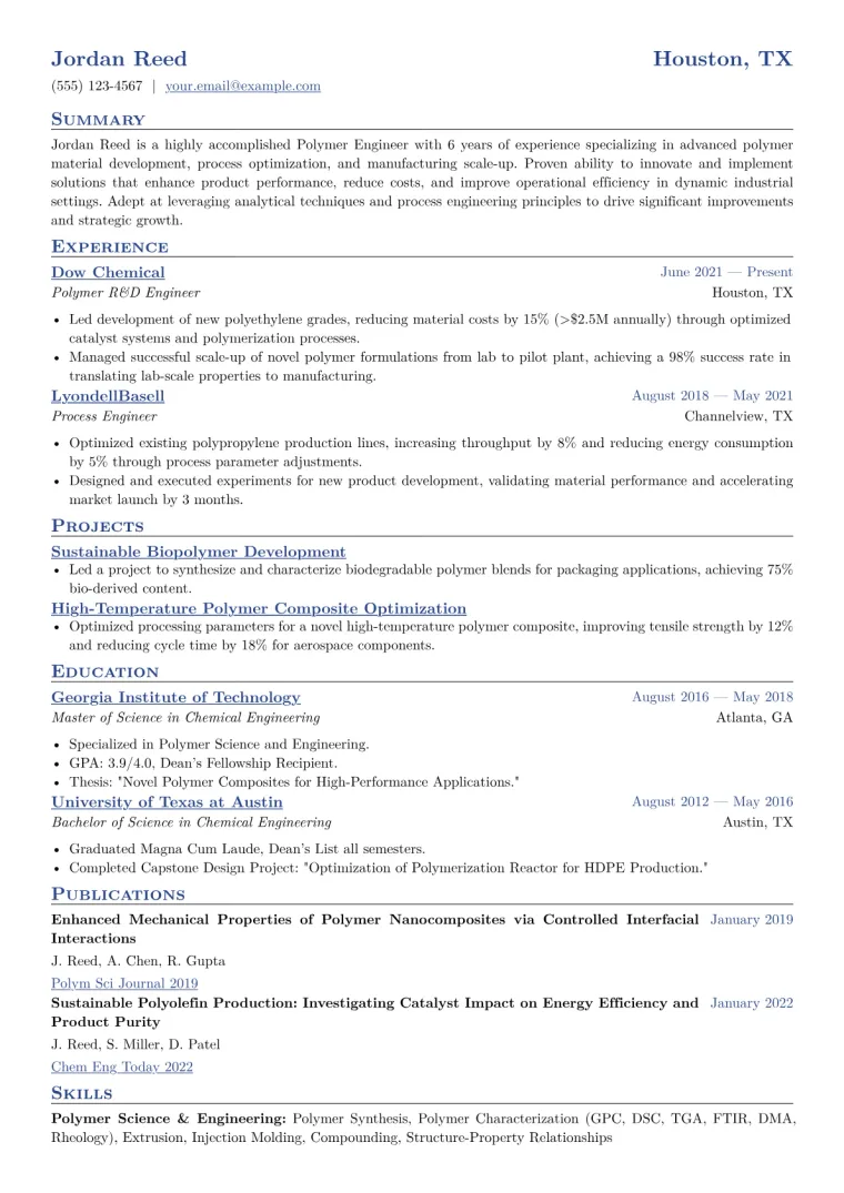 Polymer Engineer Resume Example CV template preview