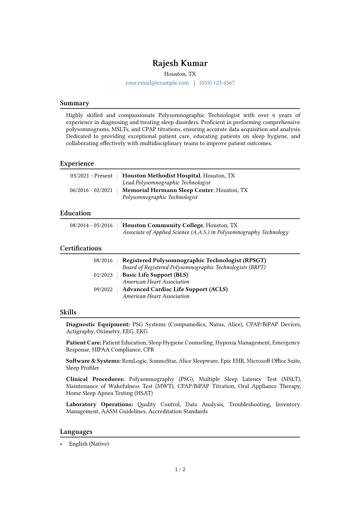 Polysomnographic Technologist Resume Example CV template - Page 1