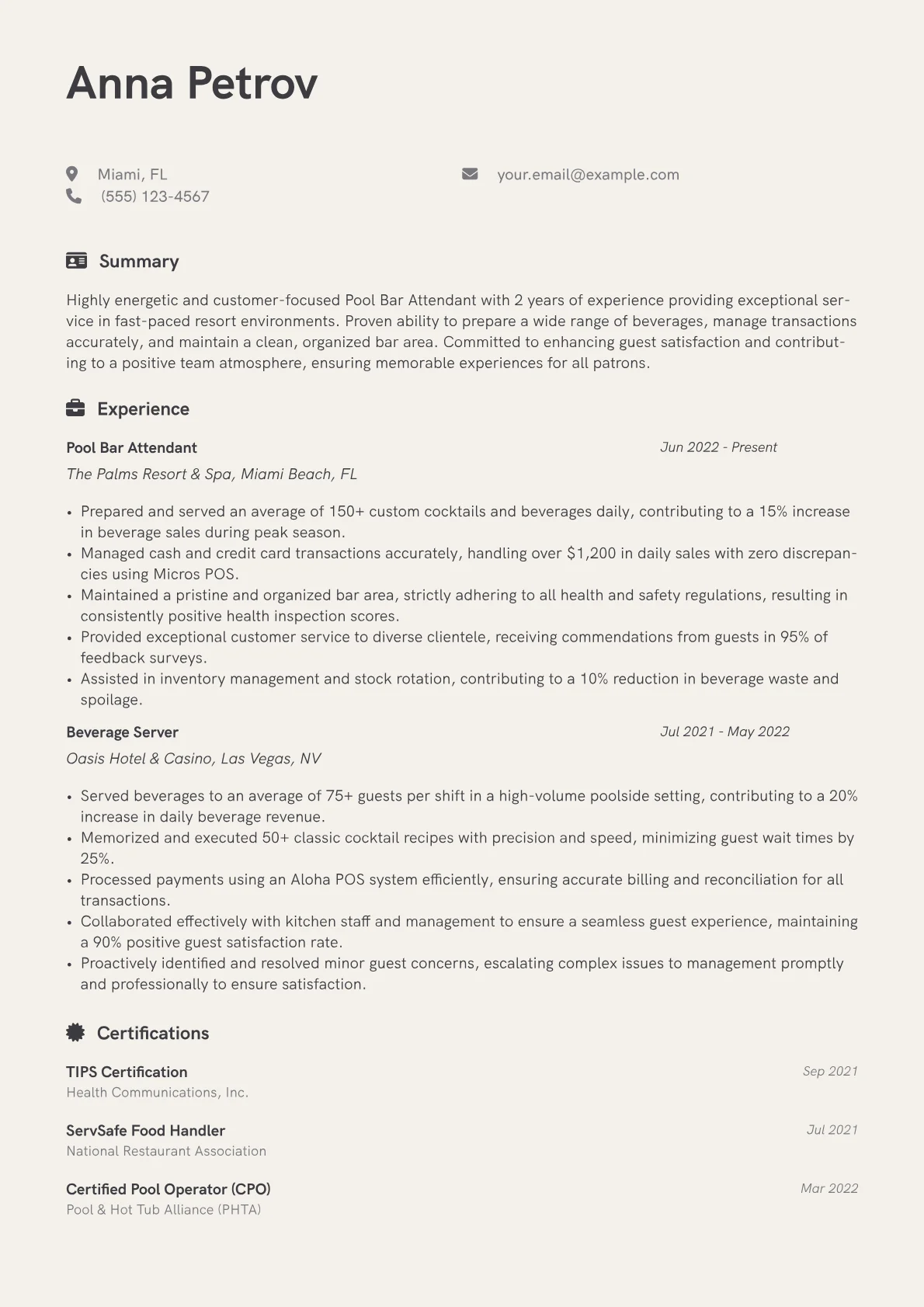 Pool Bar Attendant Resume Example CV template - Page 1