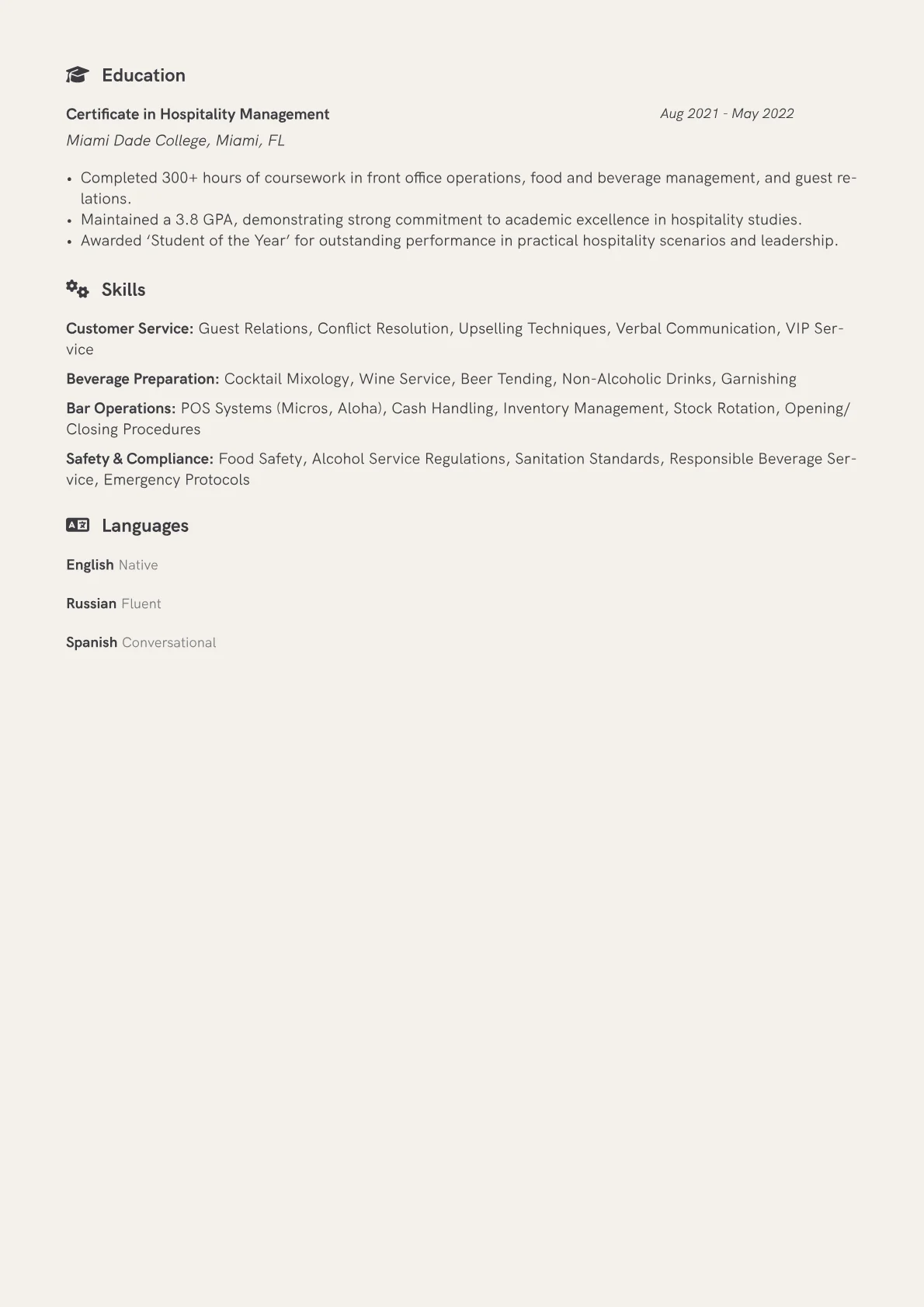 Pool Bar Attendant Resume Example CV template - Page 2