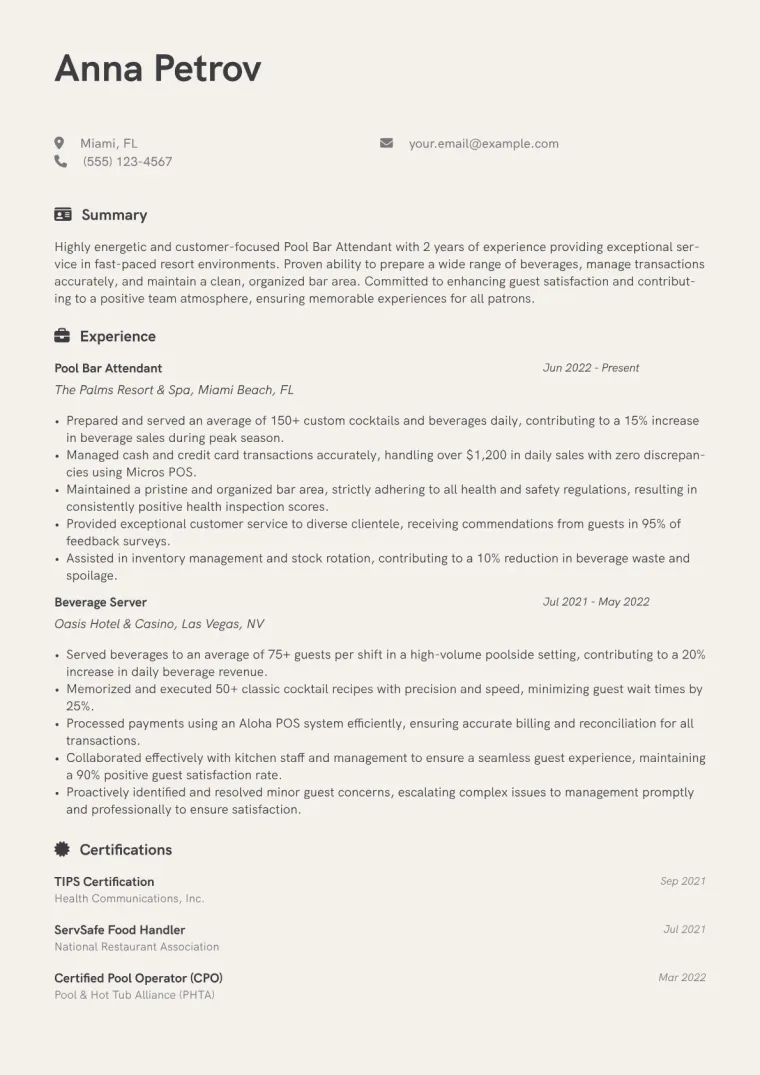 Pool Bar Attendant Resume Example CV template preview