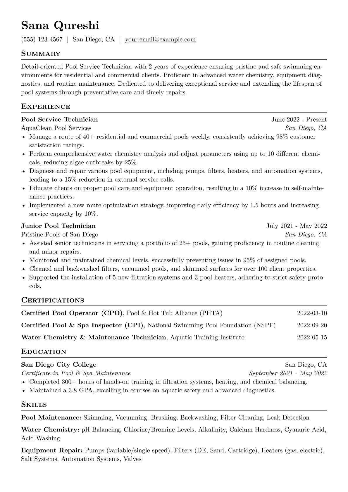 Pool Service Technician Resume Example CV template - Page 1