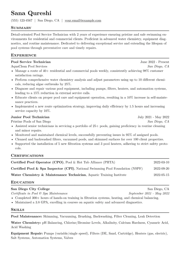 Pool Service Technician Resume Example CV template preview