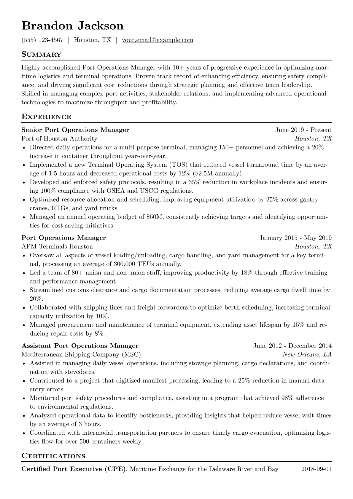 Port Operations Manager Resume Example CV template - Page 1