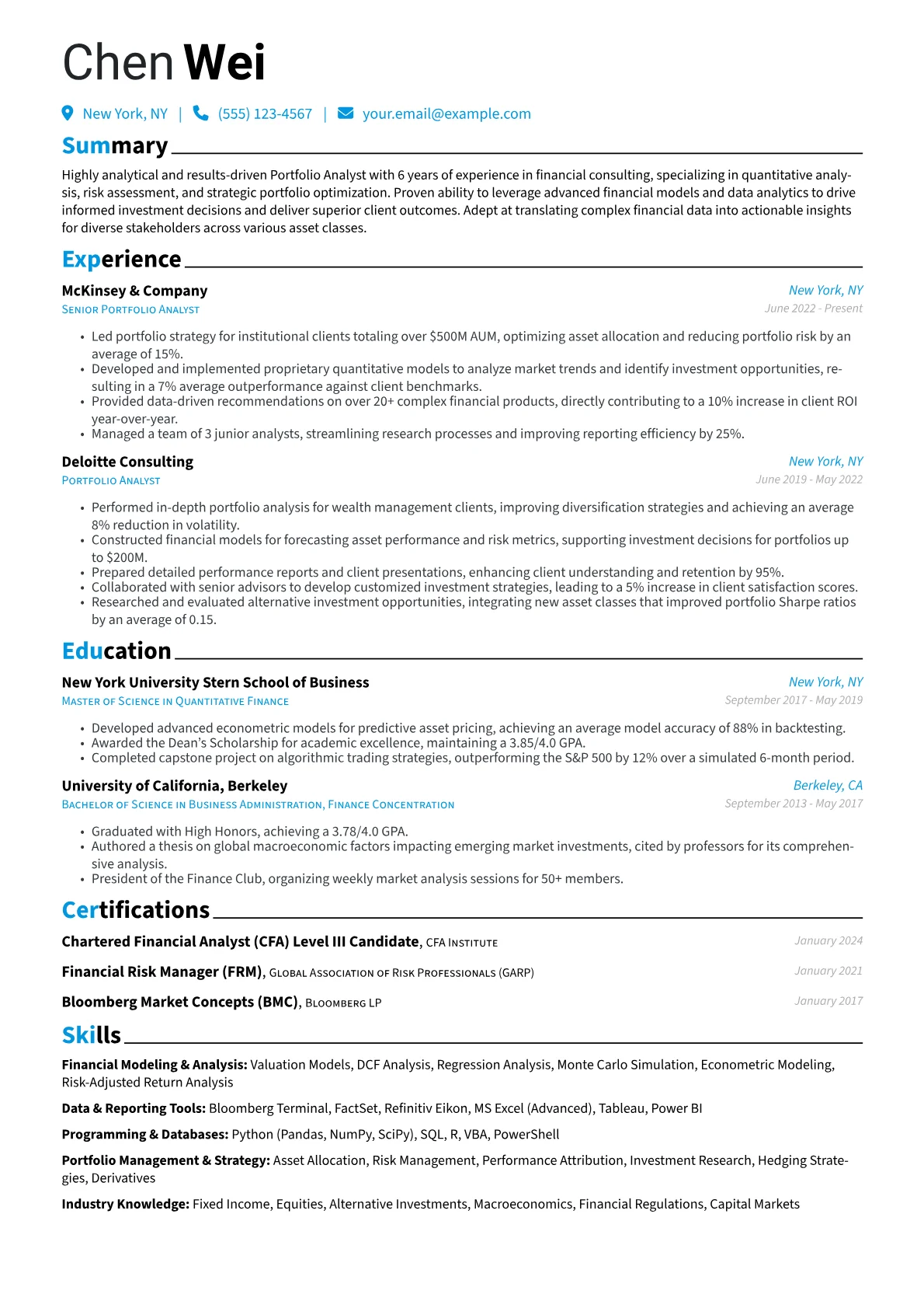 Portfolio Analyst Resume Example CV template - Page 1