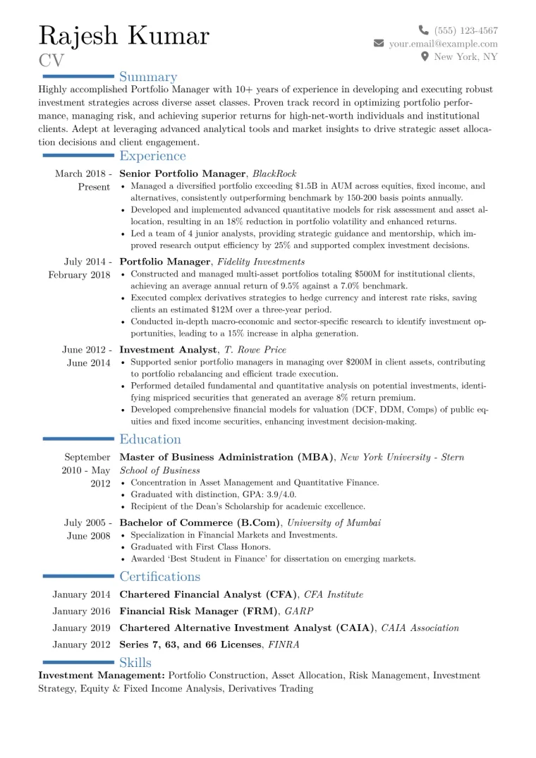 Portfolio Manager Resume Example CV template preview