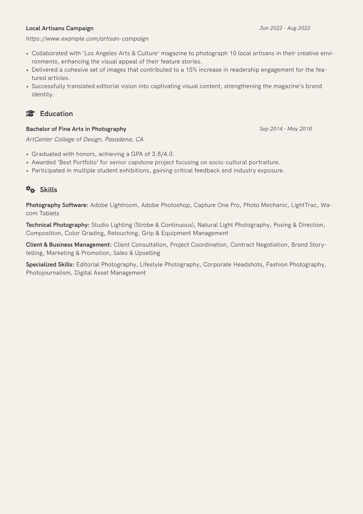 Portrait Photographer Resume Example CV template - Page 2