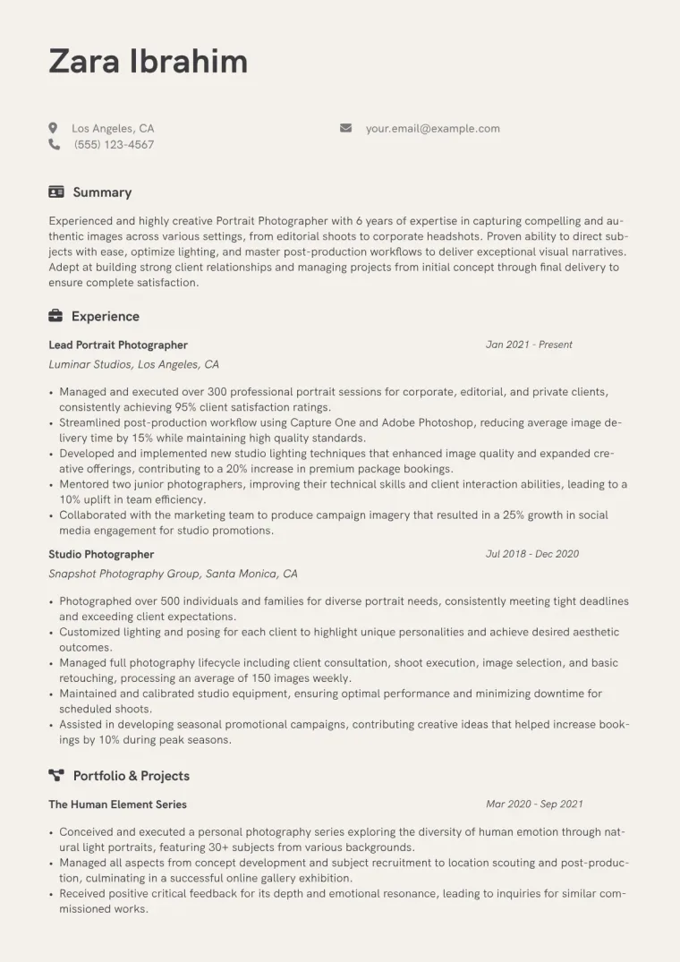 Portrait Photographer Resume Example CV template preview