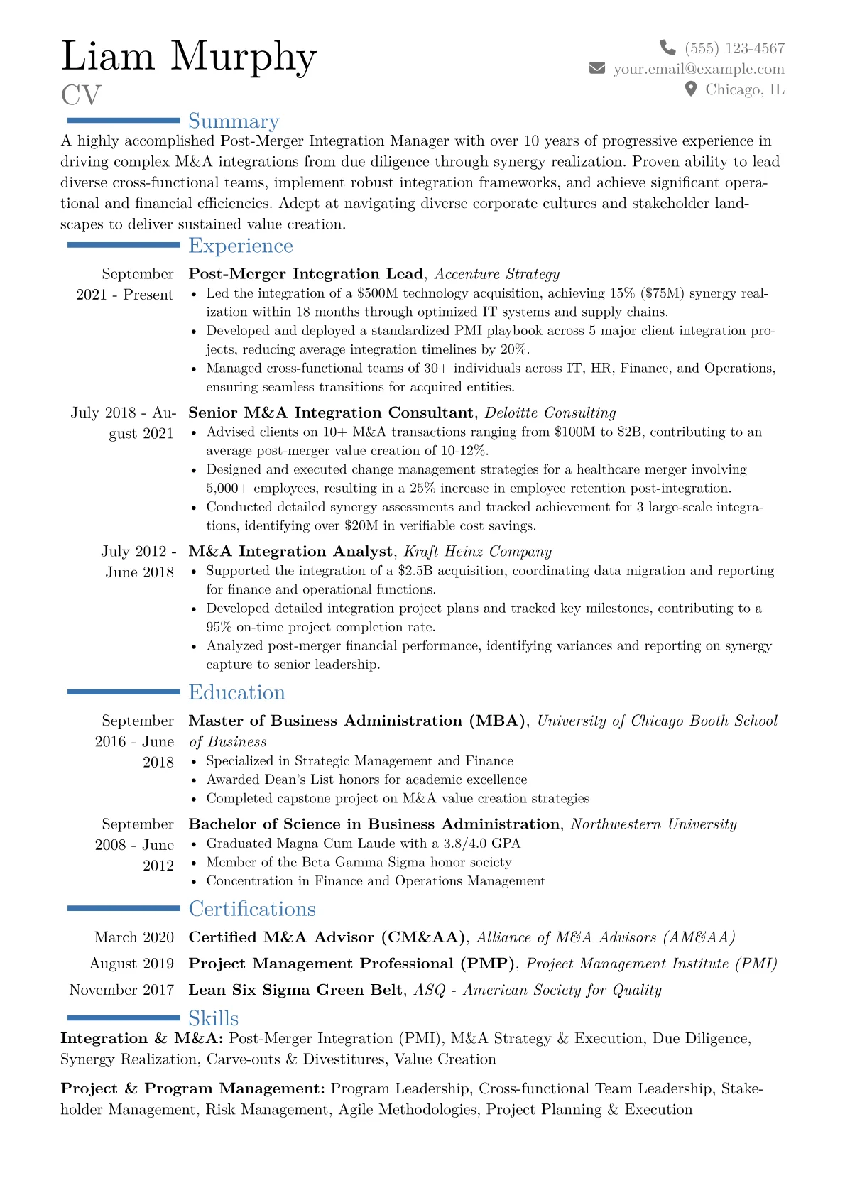 Post-Merger Integration Manager Resume Example CV template - Page 1