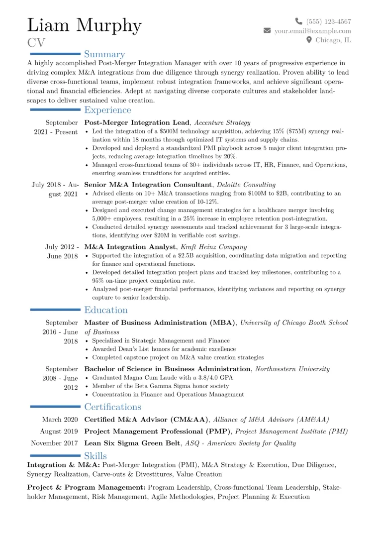 Post-Merger Integration Manager Resume Example CV template preview