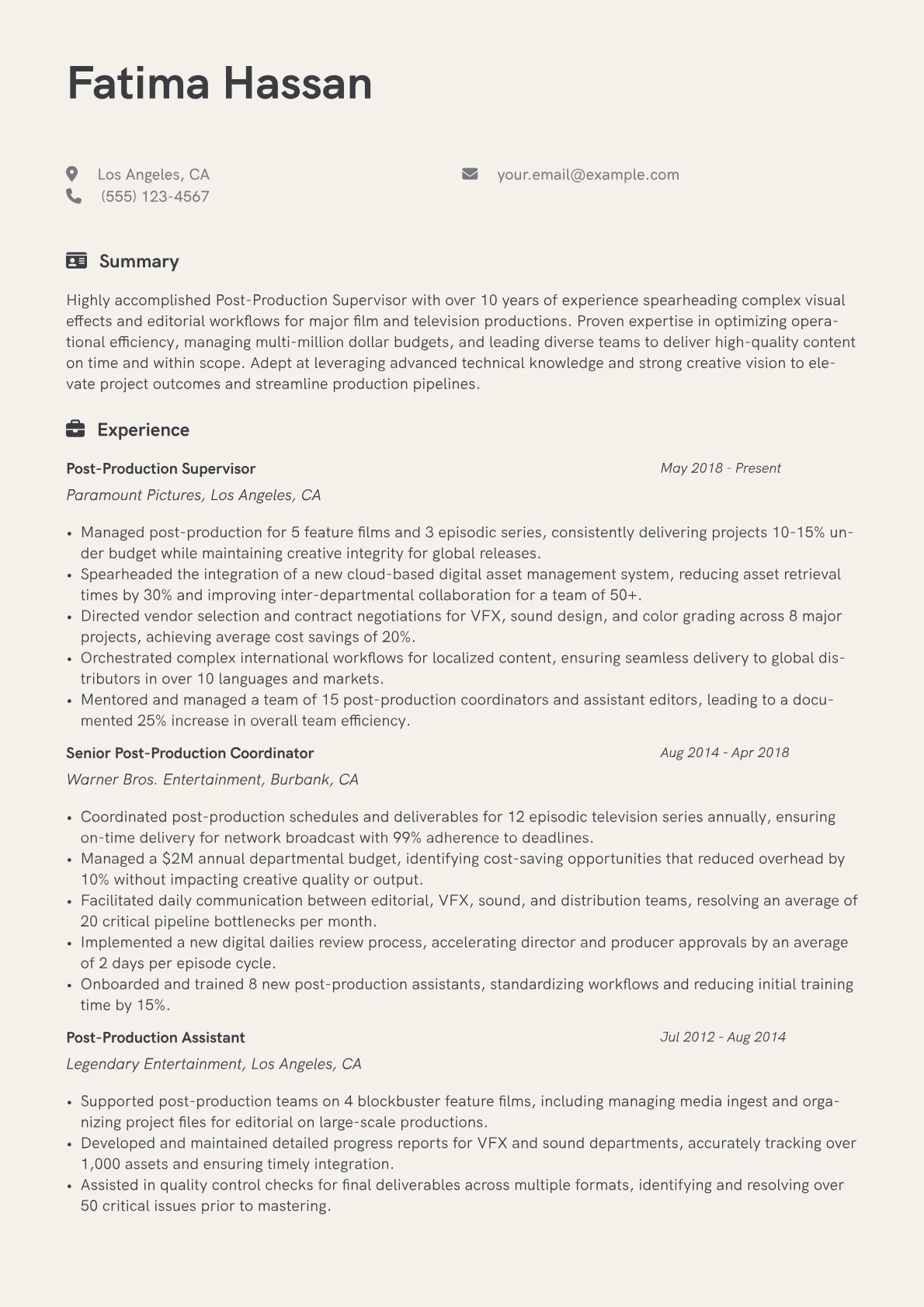 Post-Production Supervisor Resume Example CV template - Page 1