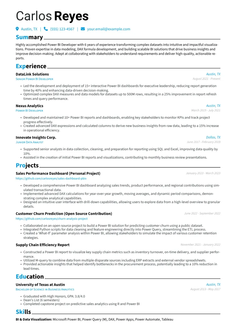 Power BI Developer Resume Example CV template preview