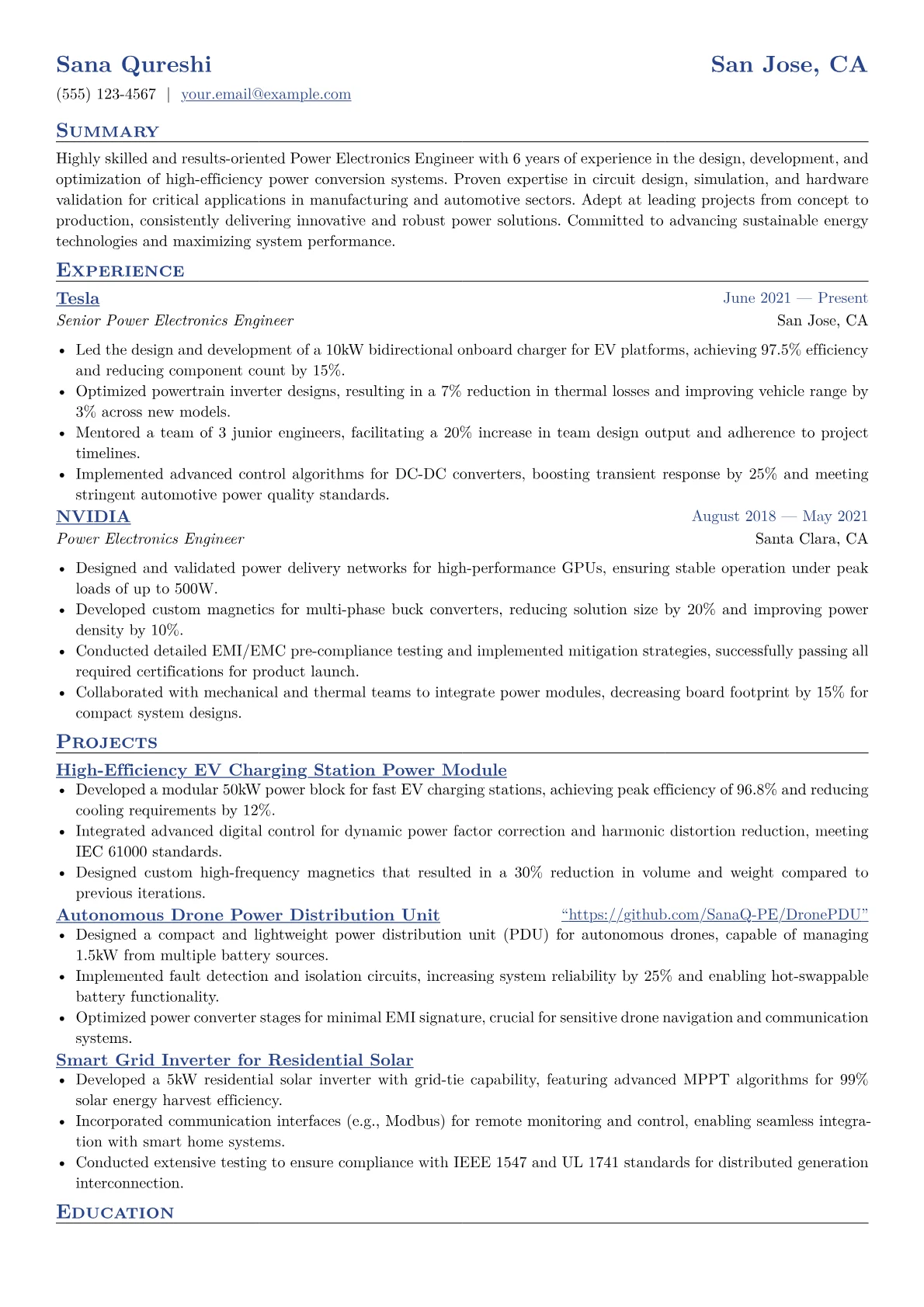 Power Electronics Engineer Resume Example CV template - Page 1