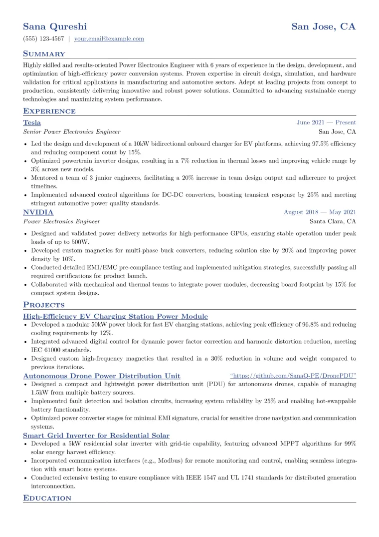 Power Electronics Engineer Resume Example CV template preview