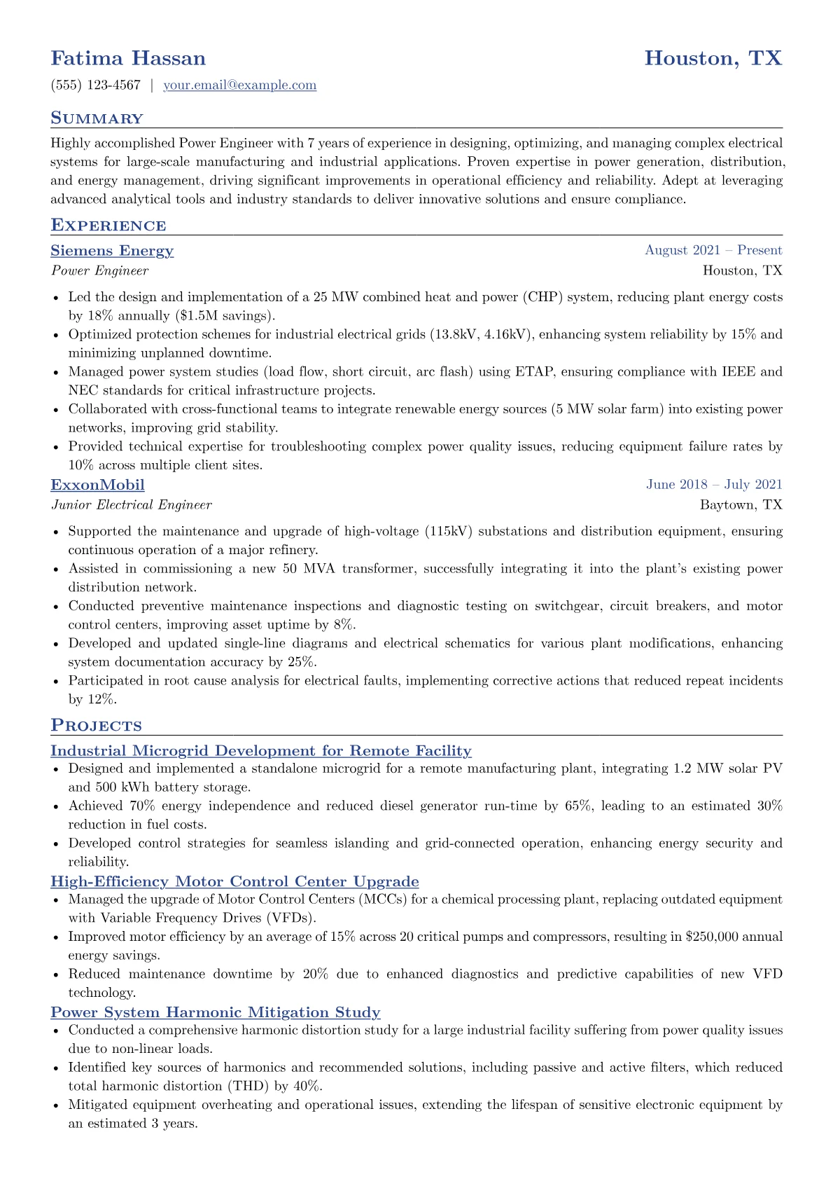 Power Engineer Resume Example CV template - Page 1