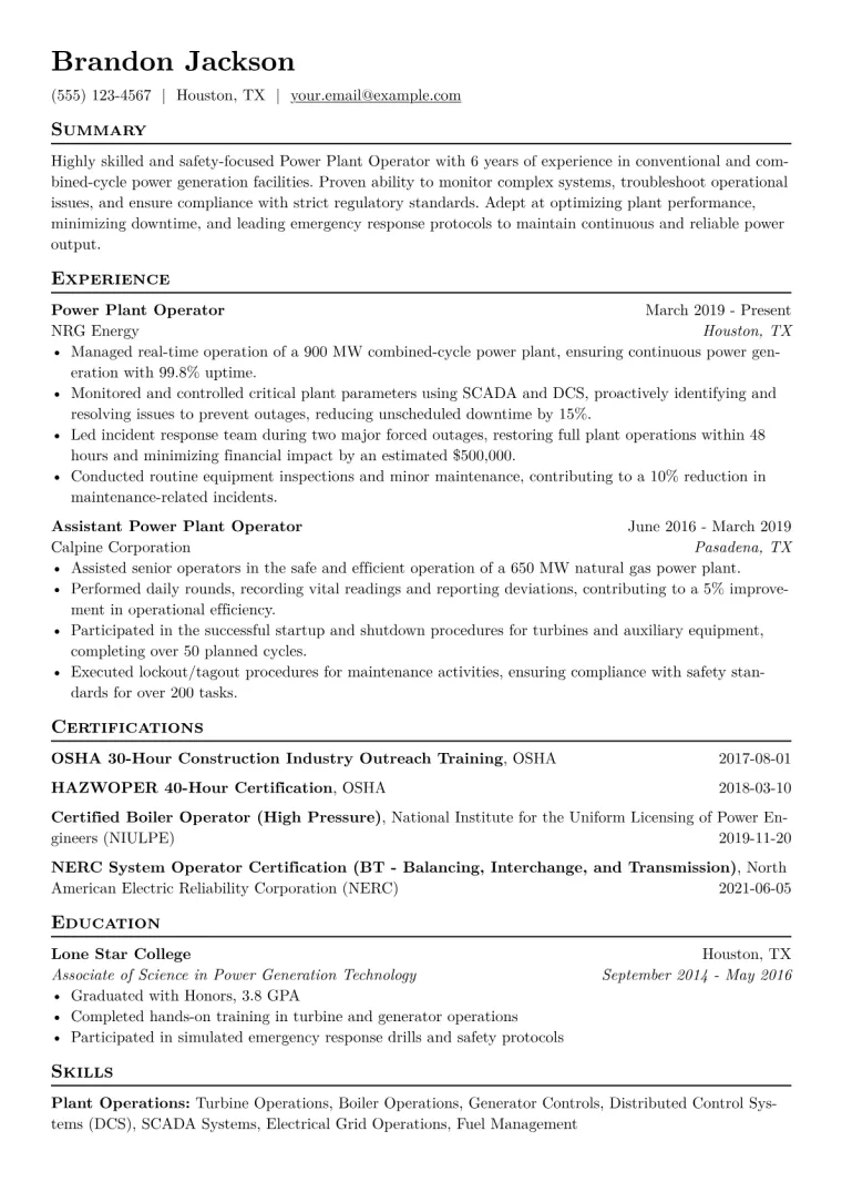 Power Plant Operator Resume Example CV template preview