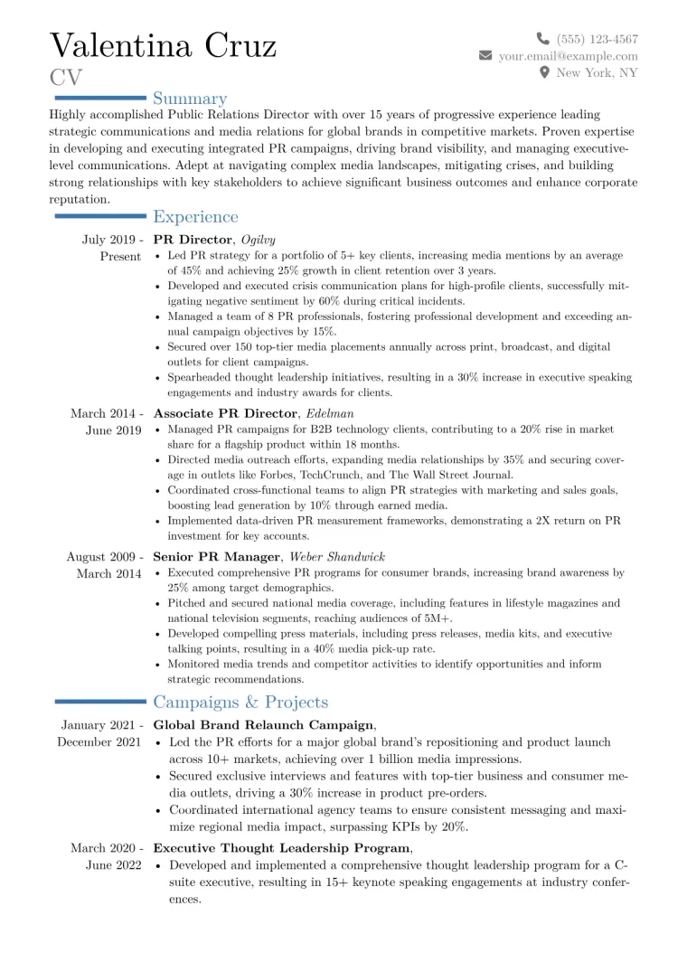 PR Director Resume Example CV template preview