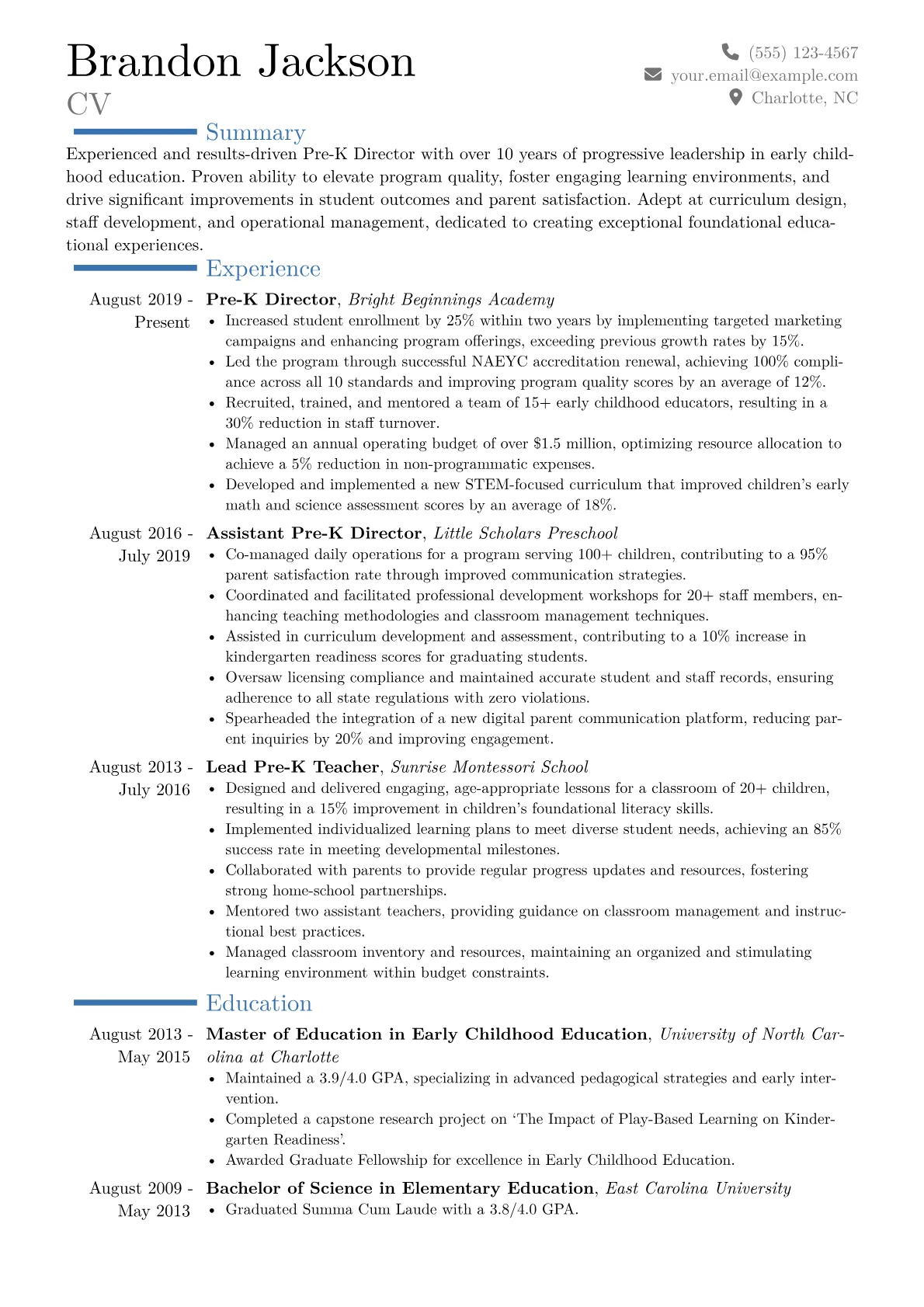 Pre-K Director Resume Example CV template - Page 1
