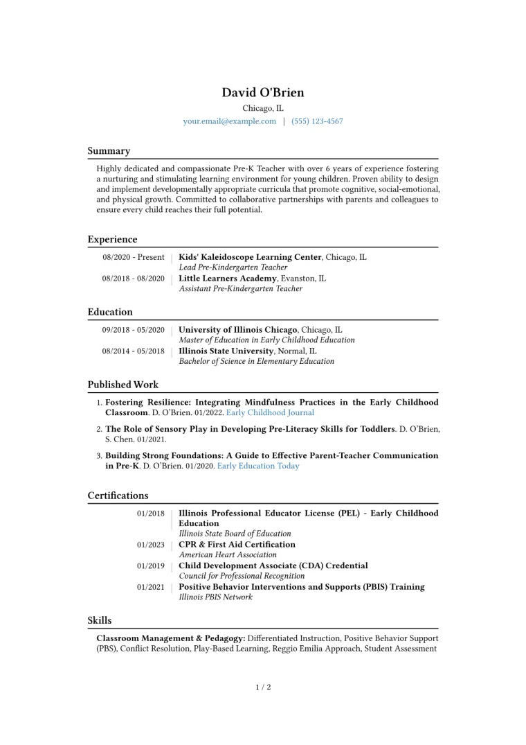 Pre-K Teacher Resume Example CV template preview