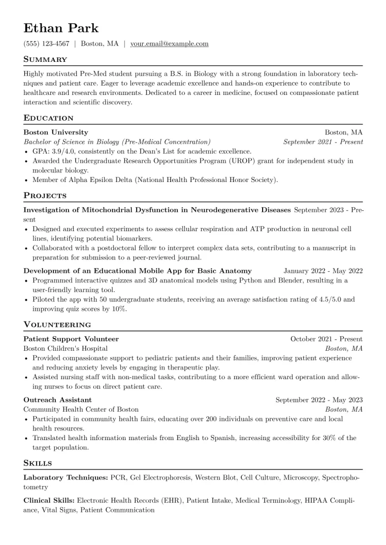 Pre-Med Student Resume Example CV template preview