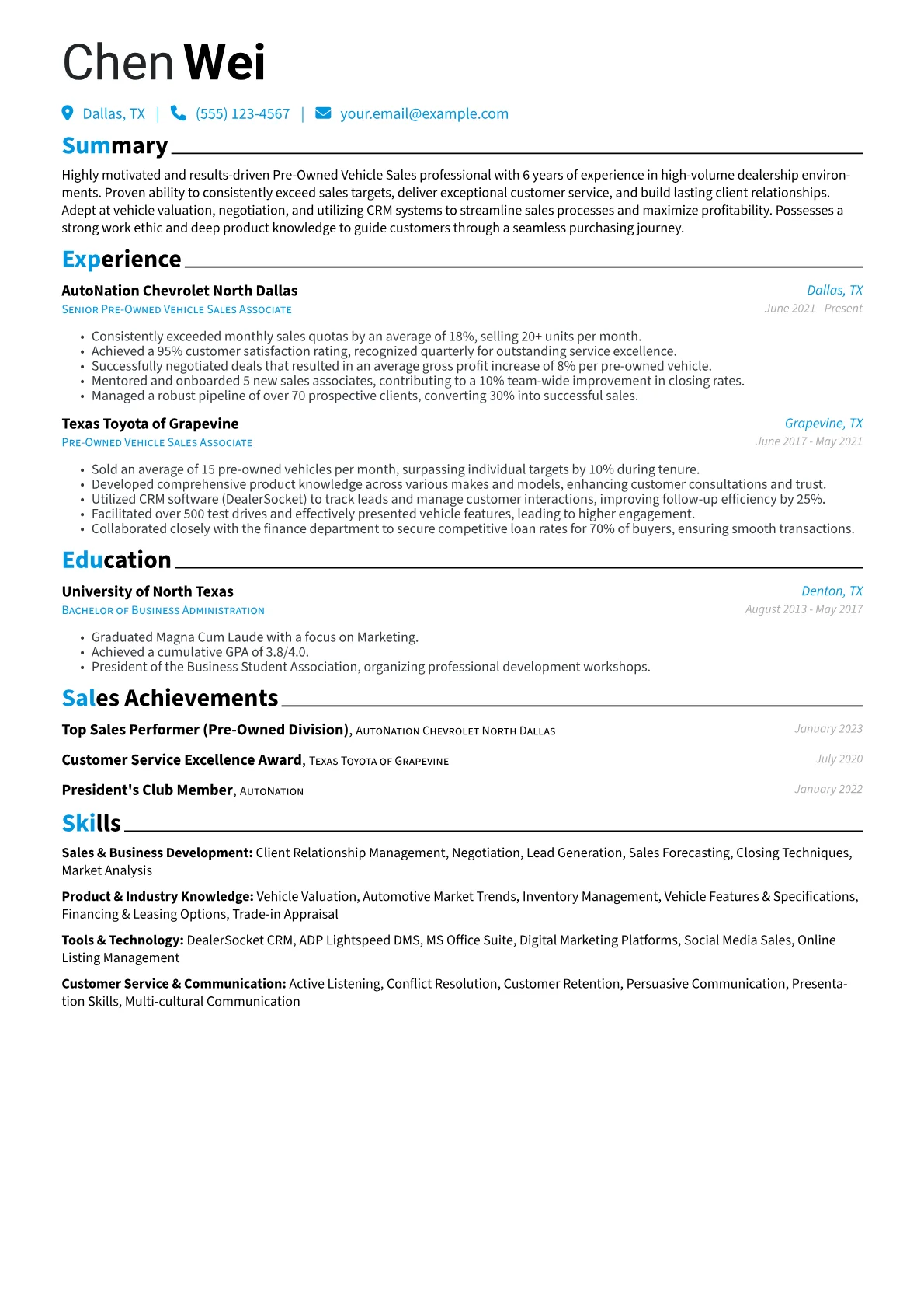 Pre-Owned Vehicle Sales Resume Example CV template - Page 1