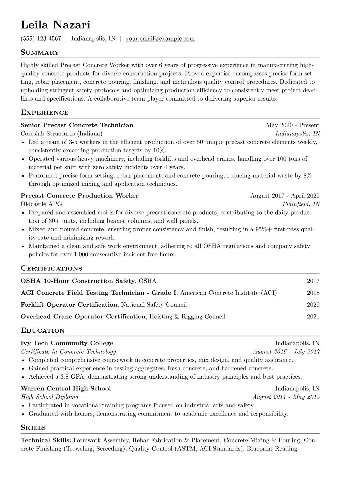 Precast Concrete Worker Resume Example CV template - Page 1