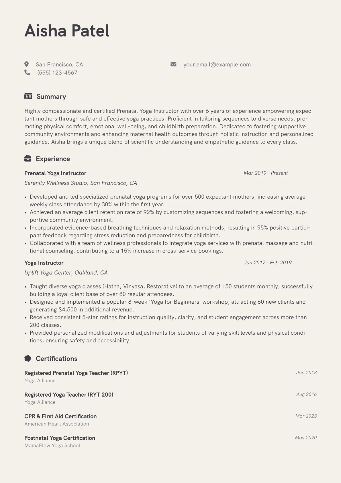Prenatal Yoga Instructor Resume Example CV template - Page 1
